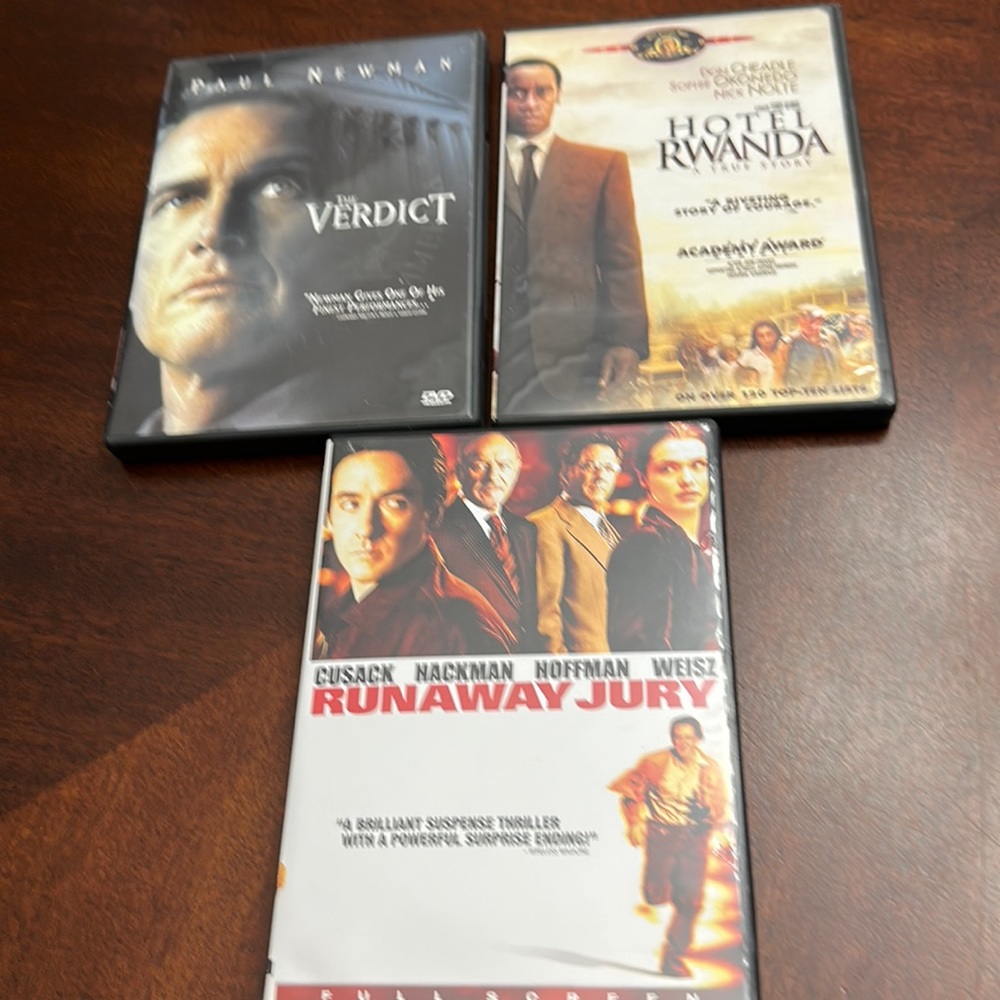 3 Drama Movies DVD Verdict Hotel Rwanda & Runaway Jury Newman Cheadle Hoffman